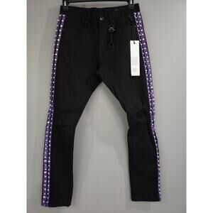 Mens Jeans Woolf Urban Style Size 32X32 Skinny BlacK Purple Hip Hop Rhinestone